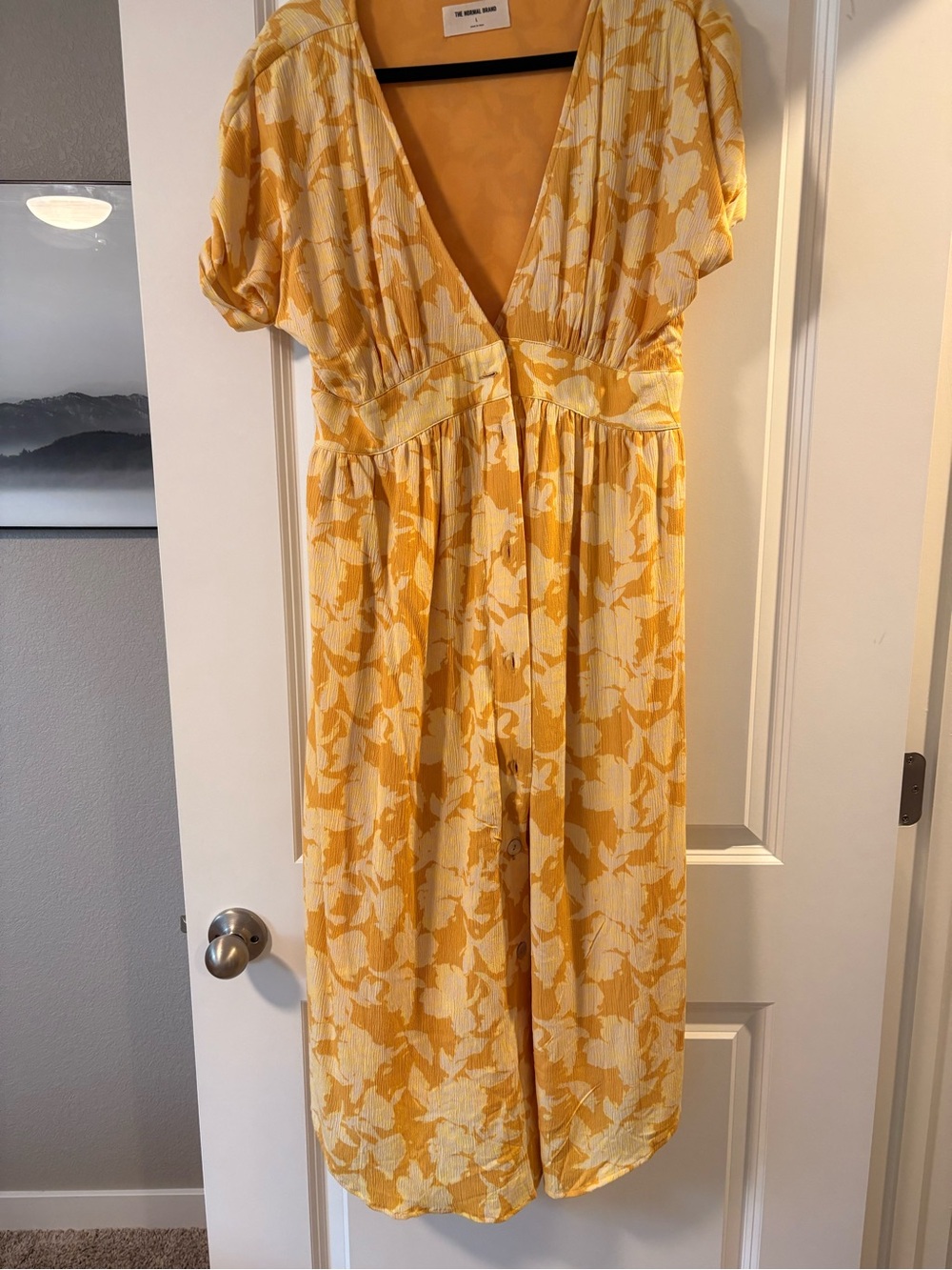 The Normal Brand Yellow Floral Midi Dress - Button Front V-Neck